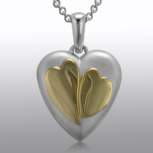 Two Hearts gold and silver cremation ash urn pendant fine jewelry