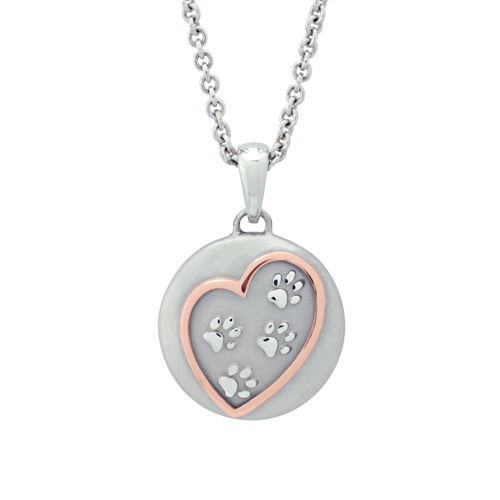 Sterling Cremation Ash Pendant with Heart Design Surrounding Dog Paws
